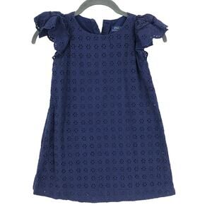 Ralph Lauren A Line Dress Girl's 5 Navy Blue Eyelet Round Neck Flutter Sleeve
